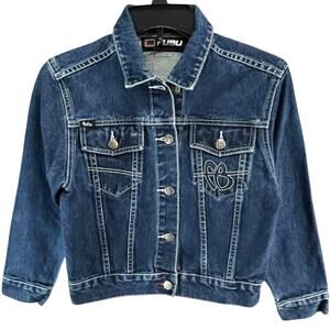 FUBU Vintage 90s Y2K Jean Jacket M Blue Crop Trucker Logo Streetwear Hip Hop